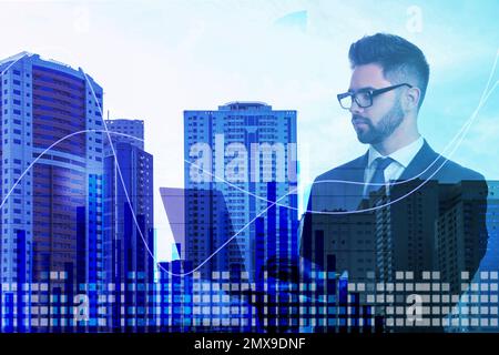 Multiple exposure of businessman, graph and cityscape Stock Photo