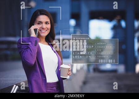 People search by facial recognition. Woman outdoors with scanner frame on face and her private information Stock Photo
