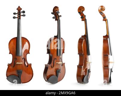 Set of classic violins on white background Stock Photo