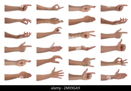 Collage with man showing different gestures on white background, closeup view of hands Stock Photo