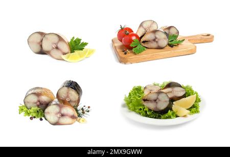 Set with tasty smoked fish on white background Stock Photo
