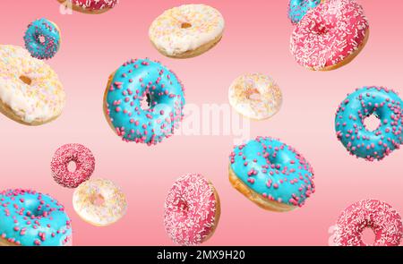 Set of falling delicious donuts on pink background Stock Photo