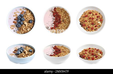 Set of different granola breakfasts with berries on white background Stock Photo