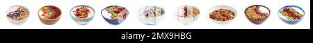 Set of different granola breakfasts with berries on white background. Banner design Stock Photo