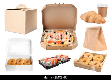 Collage of cardboard and plastic containers with fresh food on white background. Online delivery Stock Photo