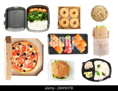 Collage of fresh food on white background, top view. Online delivery Stock Photo