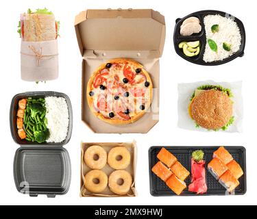 Collage of fresh food on white background, top view. Online delivery Stock Photo