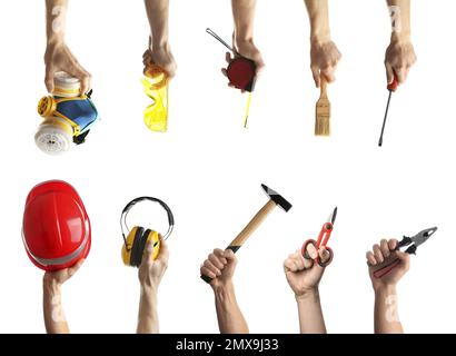 Collage of men holding construction tools on white background Stock Photo