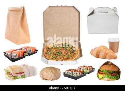 Collage of cardboard and plastic packages with fresh food on white background. Online delivery Stock Photo