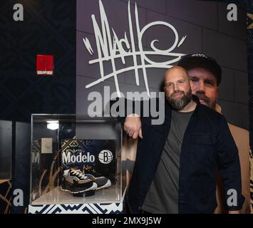 Daniel Gamache attends Modelo and Brooklyn Nets pop-up gallery curated by artist Daniel Gamache (Mache) at Barclays Center in New York on January 30, 2023 Stock Photo