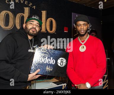 DJ Envy and Rapper Papoose attends Modelo and Brooklyn Nets pop-up gallery curated by artist Daniel Gamache (Mache) at Barclays Center in New York on January 30, 2023 Stock Photo