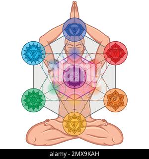 Vector design of man meditating in lotus flower position with metatron figure and chakra symbol Stock Vector