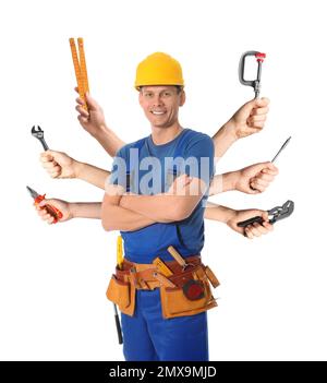 Multitasking concept. Handyman with different tools on white background Stock Photo