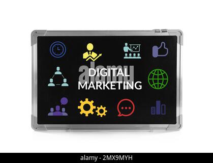 Small chalkboard with digital marketing plan isolated on white Stock Photo