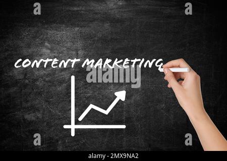 Woman writing content marketing scheme on blackboard, closeup Stock Photo