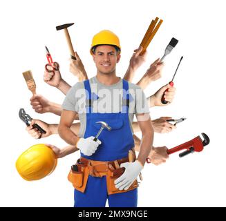 Multitasking concept. Handyman with different tools on white background Stock Photo