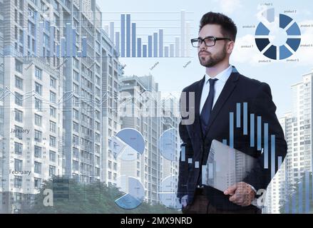 Multiple exposure of businessman, scheme and cityscape. Trade concept Stock Photo