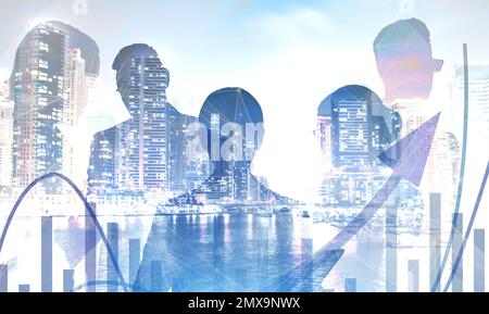 Forex trading. Double exposure of business people and night city Stock Photo