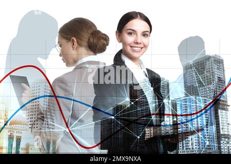 Forex trading. Double exposure of business people and cityscape Stock Photo