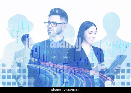 Forex trading. Double exposure of business people and cityscape Stock Photo