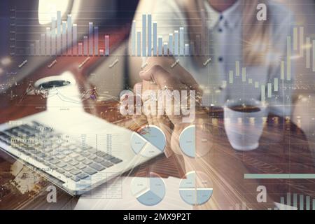 Multiple exposure of businesspeople, scheme and cityscape, closeup. Trade concept Stock Photo