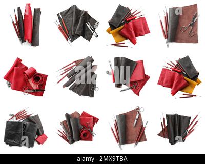 Set with leather samples and craftsman tools on white background, top view Stock Photo