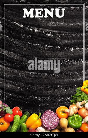 Design of menu with black board and vegetables, space for text Stock Photo