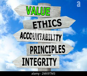 Moral values concept. Wooden signpost with different directions against blue sky Stock Photo