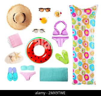 Set of items needed in summer vacation on white background Stock Photo