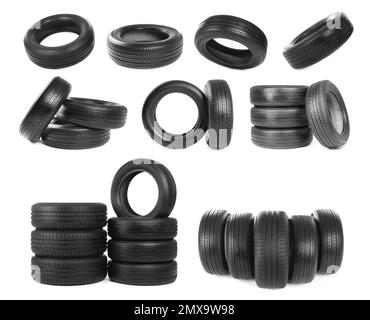 Set with car tires on white background Stock Photo