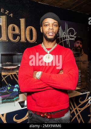 New York, United States. 30th Jan, 2023. Rapper Papoose attends Modelo and Brooklyn Nets pop-up gallery curated by artist Daniel Gamache (Mache) at Barclays Center. Daniel Gamache presented his newly created sneakers and Modelo helped to create pop-up gallery with most iconic moments in Nets history.  (Photo by Lev Radin/Pacific Press) Credit: Pacific Press Media Production Corp./Alamy Live News Stock Photo