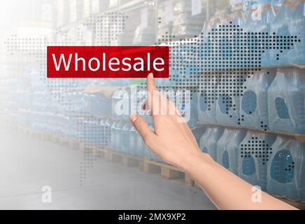 Woman clicking Wholesale button and world map with blurred view of warehouse on background Stock Photo