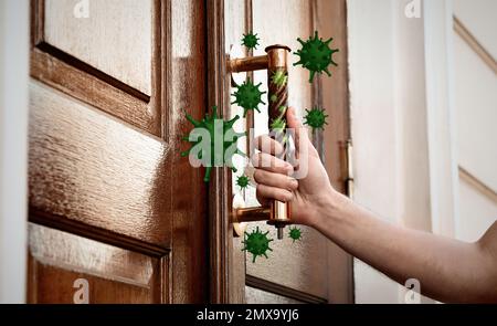 Abstract illustration of virus and man opening wooden door, closeup. Avoid touching surfaces in public spaces during COVID-19 pandemic Stock Photo