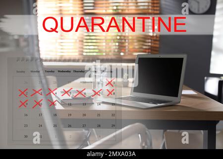 Workplace with laptop at home and calendar. Quarantine during coronavirus outbreak Stock Photo