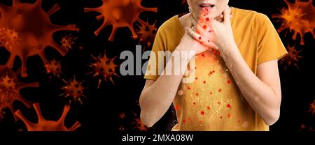 Woman coughing and spreading viruses on dark background Stock Photo