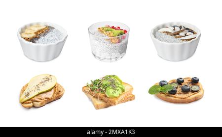 Set of different dishes with chia seeds on white background Stock Photo