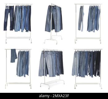 Set with racks of different jeans on white background Stock Photo