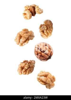 Tasty walnuts falling on white background Stock Photo