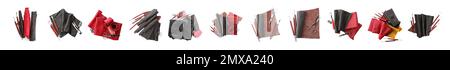 Set with leather samples and craftsman tools on white background, top view. Banner design Stock Photo