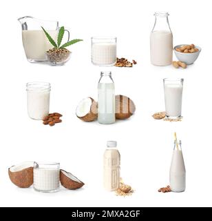 Set with different types of organic milk on white background. Natural drinks Stock Photo