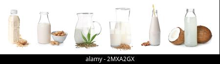 Set with different types of organic milk on white background. Banner design Stock Photo