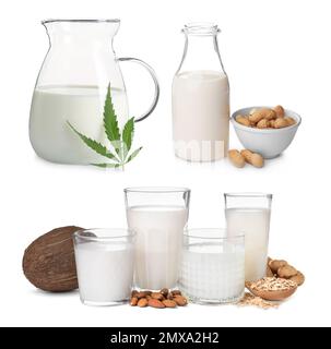 Set with different types of organic milk on white background. Natural drinks Stock Photo