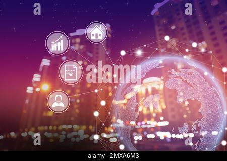 Global business concept. World globe surrounded by icons illustration on city background Stock Photo