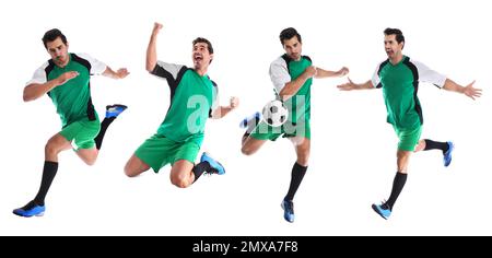 Collage with photos of young man playing football on white background. Banner design Stock Photo