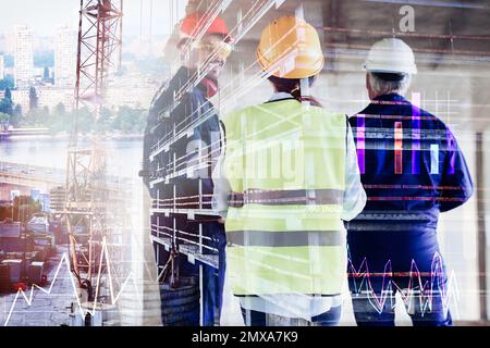 Multiple exposure of professional engineers, scheme, cityscape and construction Stock Photo