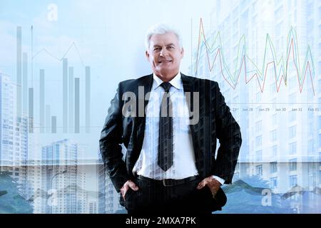 Multiple exposure of businessman, scheme and cityscape. Trade concept Stock Photo
