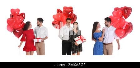 Collage of happy young couples with heart shaped balloons on white ...