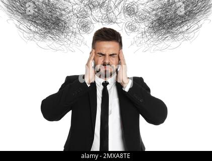 Stressed businessman with mess in his head on white background Stock Photo