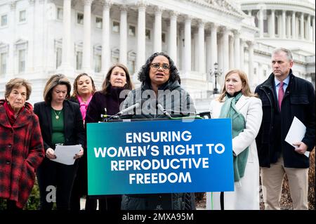 Washington, United States. 02nd Feb, 2023. Mini Timmaraju, President, NARAL Pro-Choice America, speaking at a press conference at the U.S. Capitol in favor of the Ensuring Women's Right to Reproductive Freedom Act which would protect the right to travel across state lines for reproductive health care. Credit: SOPA Images Limited/Alamy Live News Stock Photo