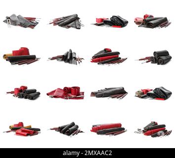 Set with leather samples and craftsman tools on white background Stock Photo